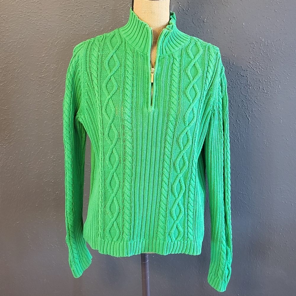 Chaps Green Cotton Cable Knit Sweater 1/4 Zip Front